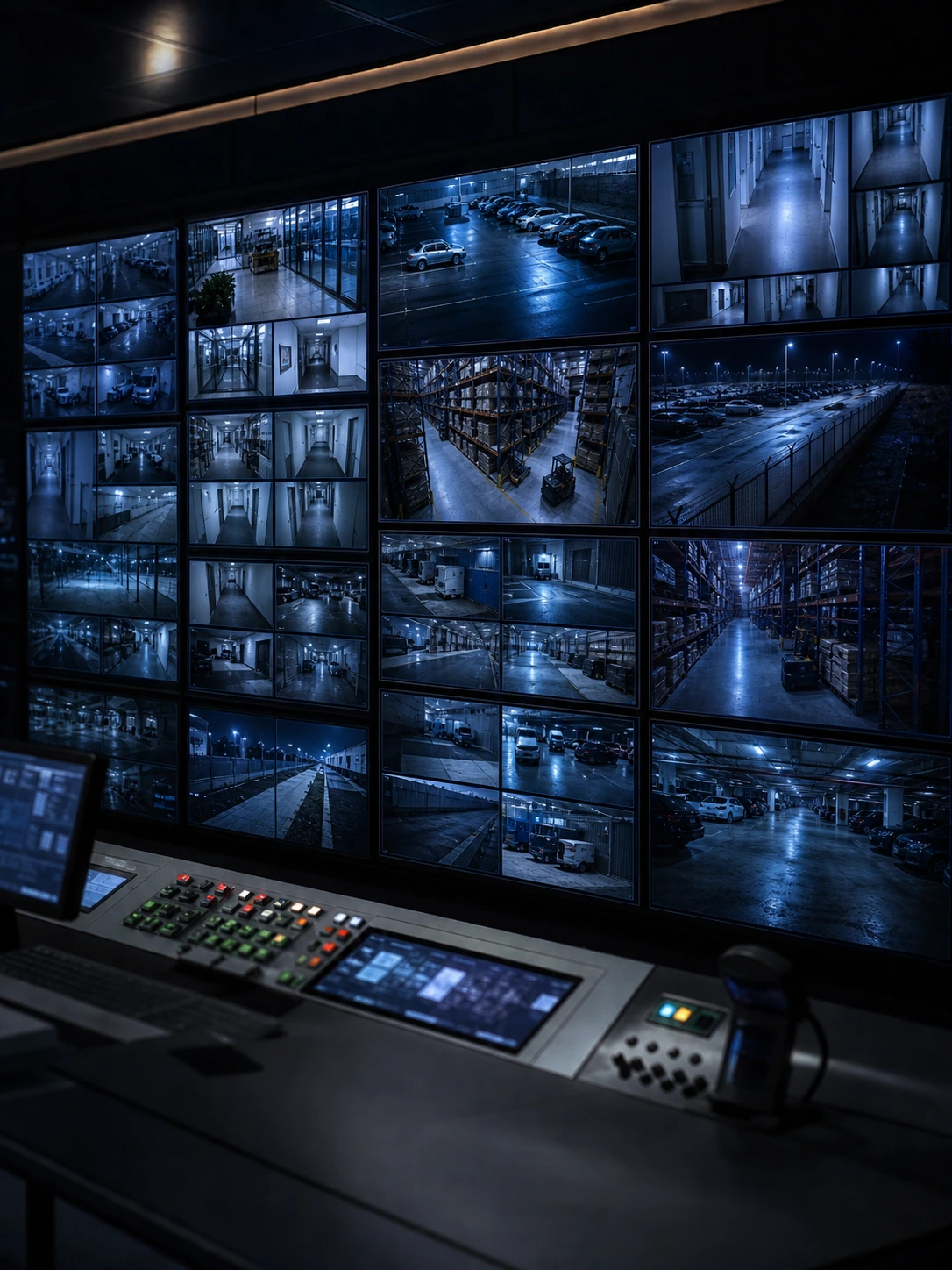 Centre de contrôle avec mur d'écrans de vidéosurveillance en temps réel pour parkings, entrepôts et bâtiments professionnels au Maroc