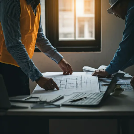 Techniciens analysant un plan d'installation de système de sécurité et réseau informatique dans un bureau au Maroc