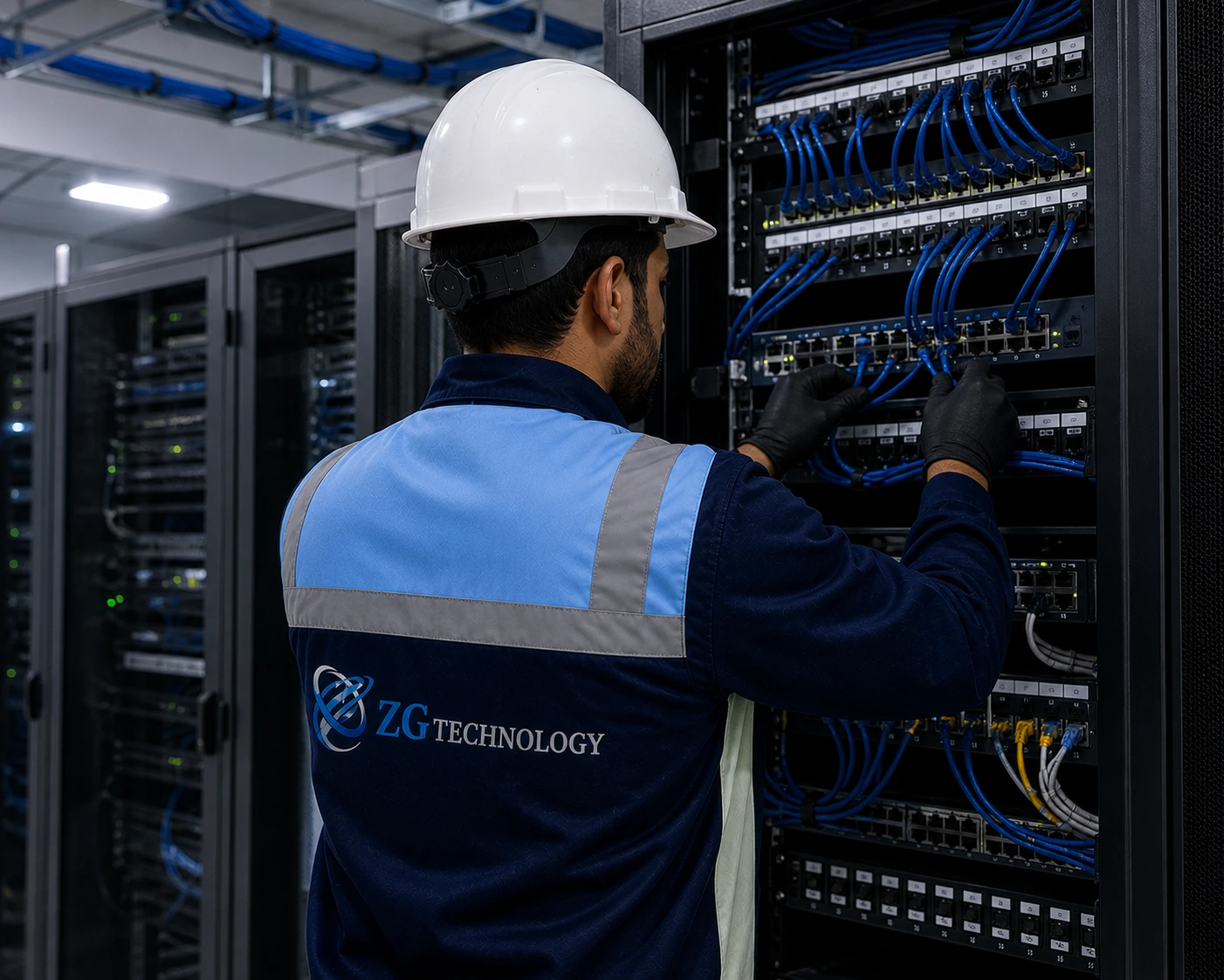 Câblage structuré avec câbles Ethernet dans un bâtiment professionnel