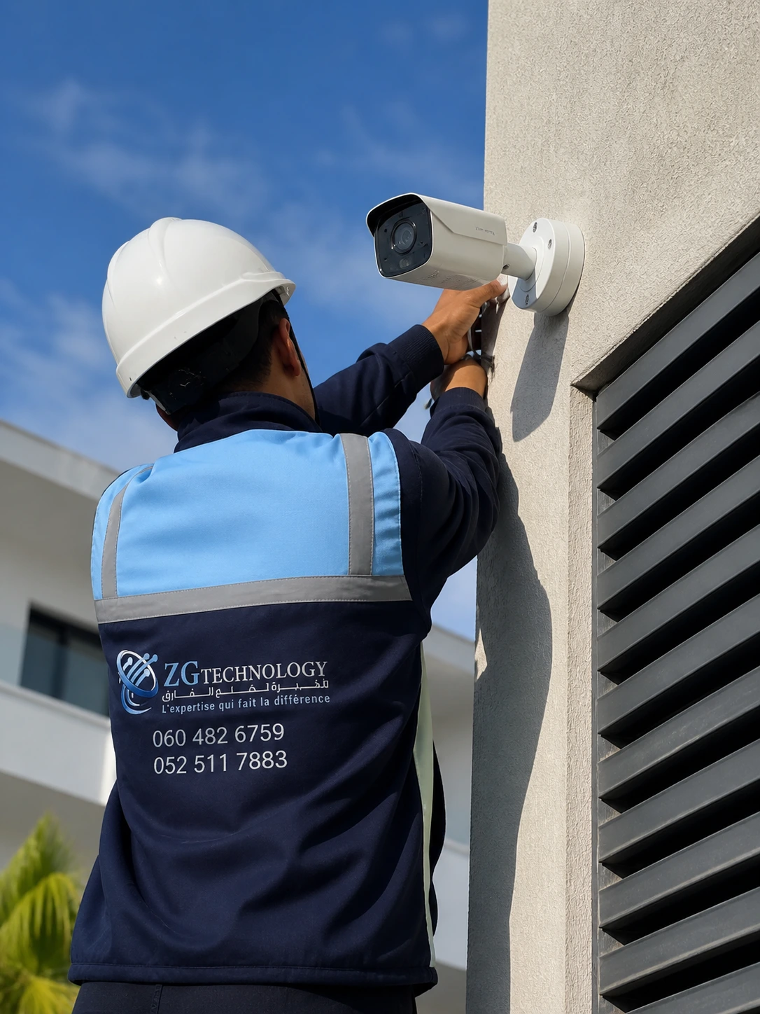Technicien installant une caméra de surveillance extérieure sur un bâtiment professionnel au Maroc