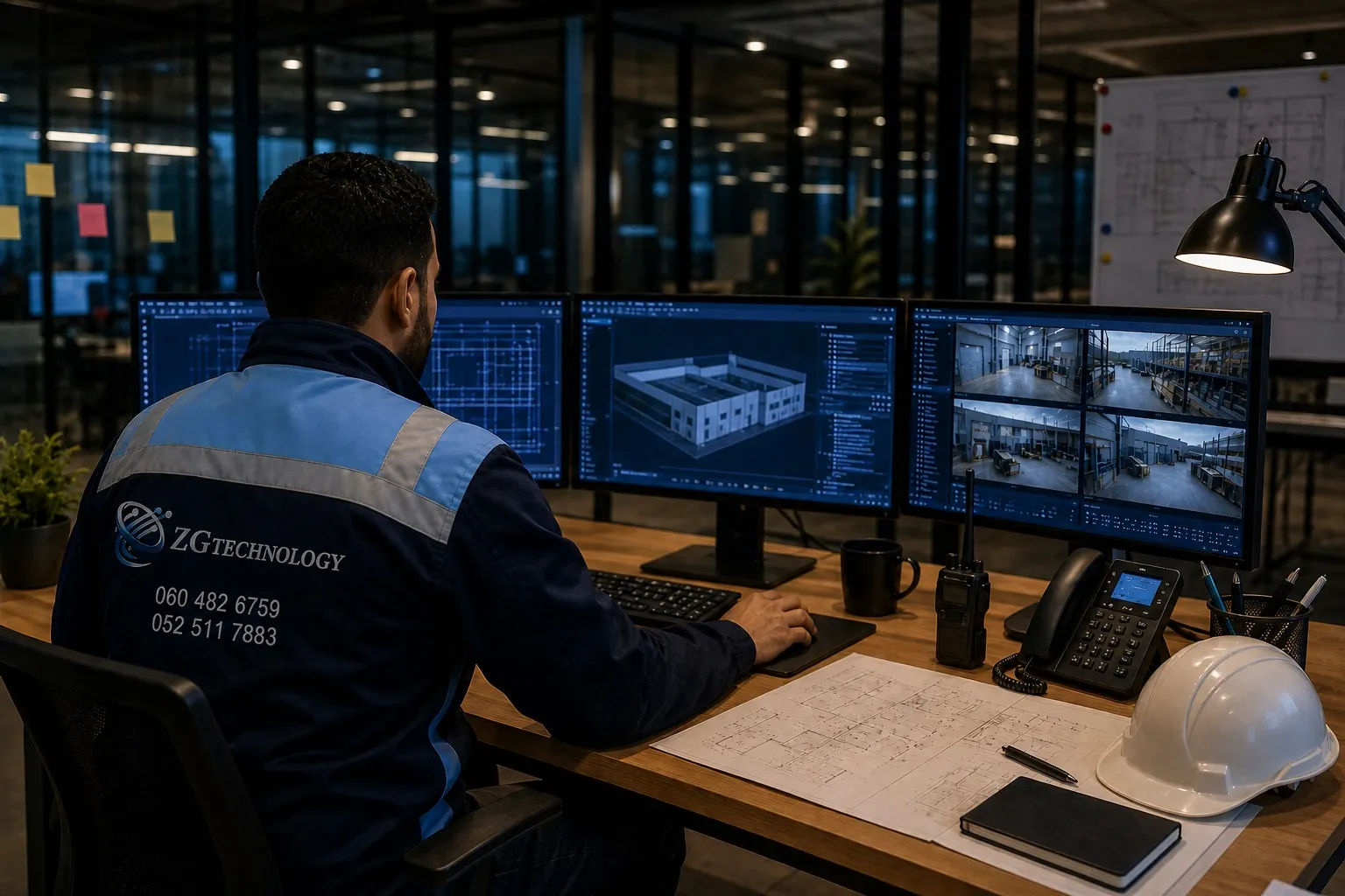 Technicien ZGTechnology supervisant un système de vidéosurveillance, réseau informatique et infrastructures de sécurité dans une salle de contrôle professionnelle au Maroc