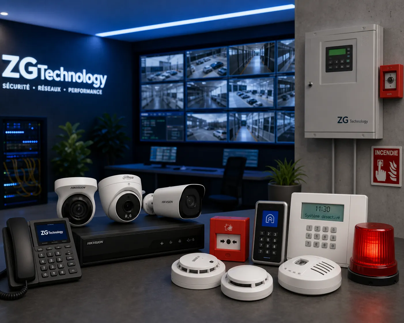 Professional security control room showcasing integrated surveillance and safety systems, including CCTV monitoring screens, fire detection equipment, alarm panels, and network security hardware, representing a complete security infrastructure solution for businesses in Morocco.